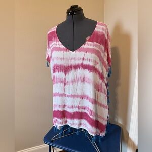 C&T Beach Tie-Dye V-Neck Swimsuit Coverup with Blue Tassels